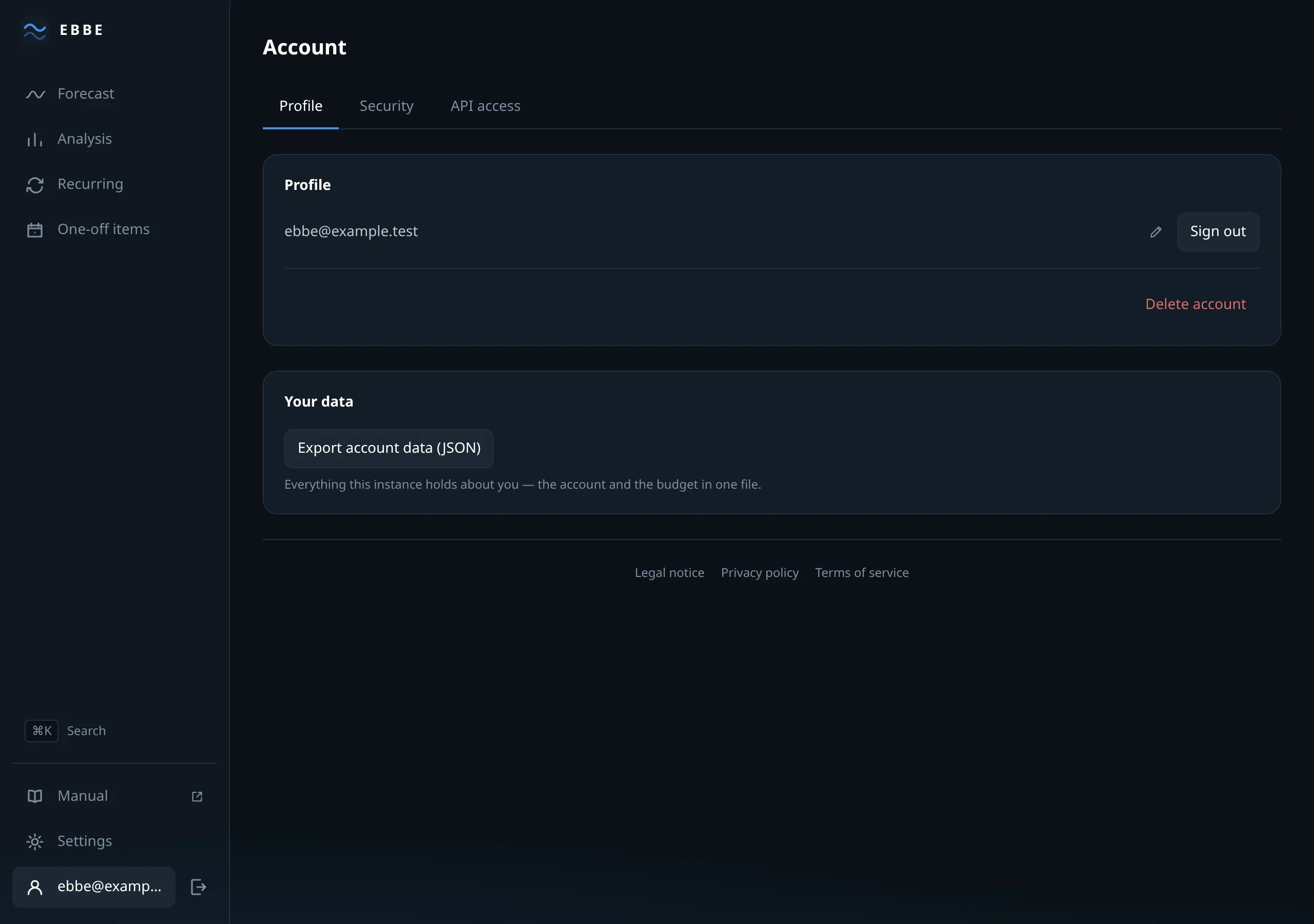 The account screen: identity and the data you can take with
you.