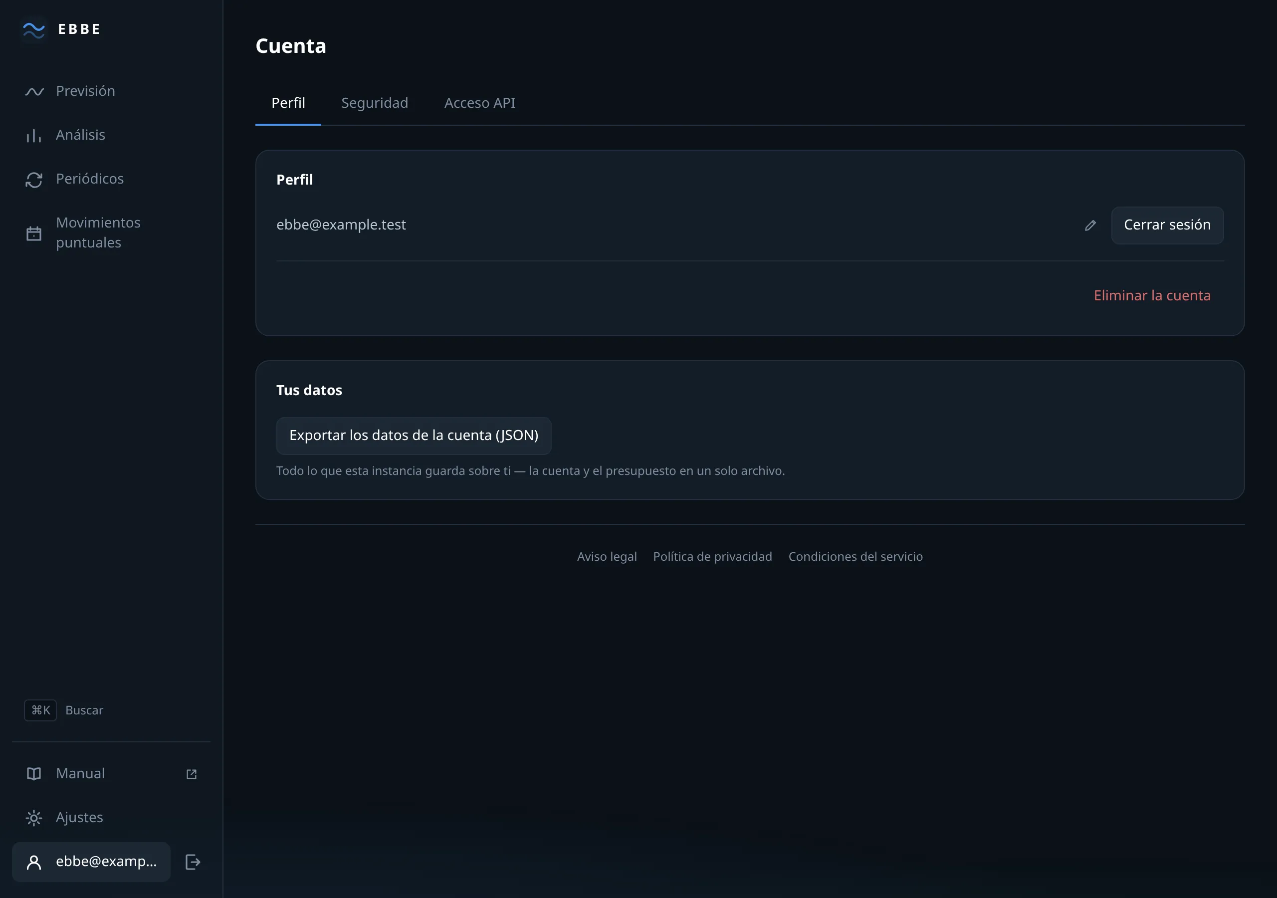 La pantalla de cuenta: la identidad y los datos que puedes llevarte.