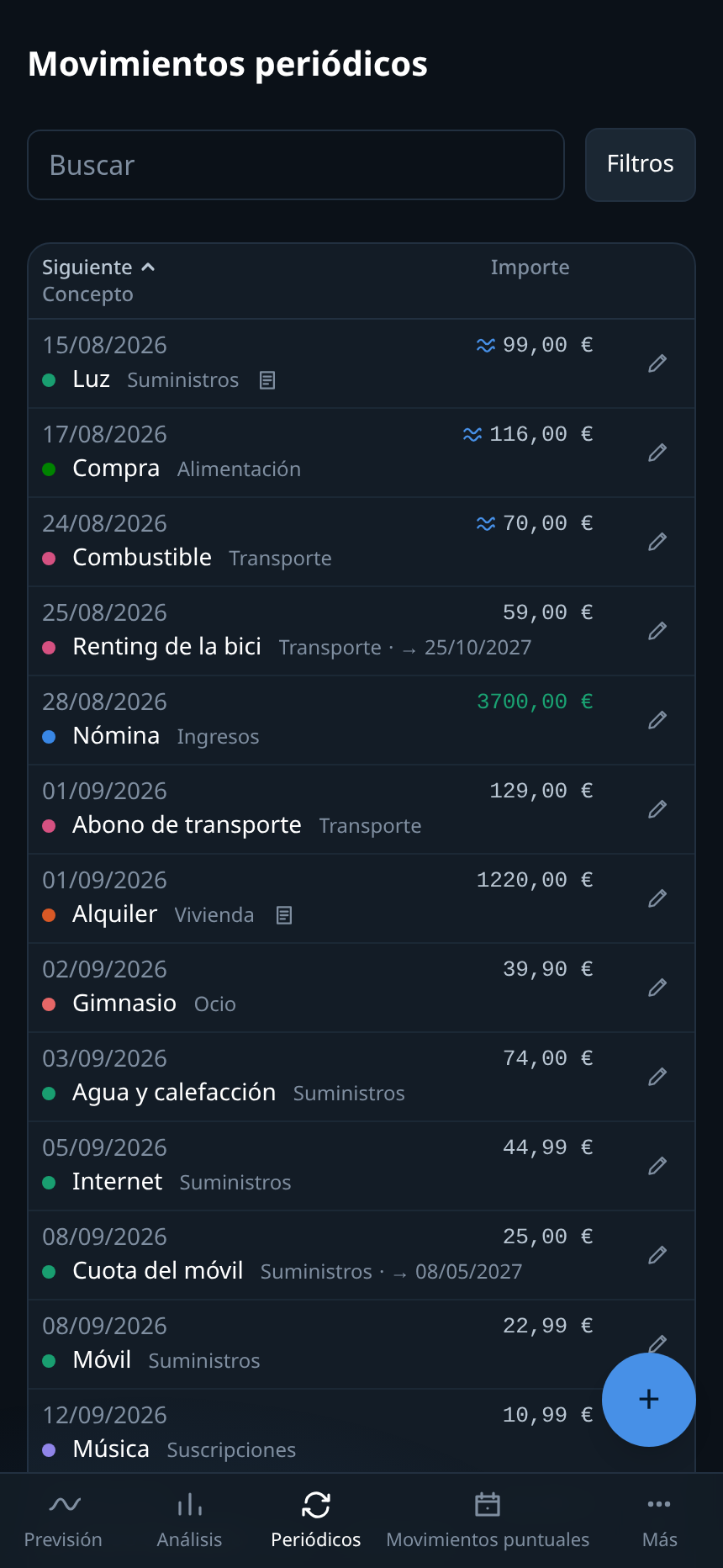 La vista de movimientos periódicos en el móvil: cada movimiento plegado en su propia tarjeta